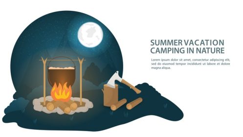 دانلود وکتور بنر طراحی آتش کمپ تابستانی با دیگ در محوطه ای در جنگل که در آن غذا تهیه می شود یا شام در کنار تبر و کنده های چوبی وکتور
