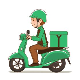 دانلود وکتور شخصیت کارتونی مرد تحویل دهنده غذا سوار موتورسیکلت سبز
