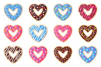 دانلود مجموعه وکتور دونات قلبی شکل روز ولنتاین با مایه صورتی آبی و شکلاتی