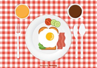 دانلود وکتور رایگان وکتور تخت طرح نمای بالا از ترکیب صبحانه با املت بیکن تخم مرغ سبزیجات نان قهوه و آب پرتقال تازه