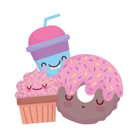 دانلود وکتور دونات کاپ کیک و اسموتی فنجان منو شخصیت کارتونی غذا تصویر وکتور زیبا