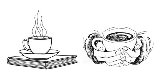 دانلود وکتور طرح دست کشیده از دست هایی که یک فنجان قهوه یا چای را در دست گرفته اند و کتاب جدا شده روی پس زمینه سفید نوشیدنی تازه جدا شده در پس زمینه سفید صبحگاهی