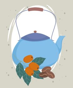دانلود وکتور قهوه زمان آبی کتری دانه ها و انواع توت ها نوشیدنی عطر تازه