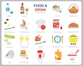 دانلود وکتور مجموعه آیکون غذا و نوشیدنی برای طراحی اسناد وب سایت چاپ طرح برنامه کاربردی آیکون مفهومی غذا و نوشیدنی به سبک فلت