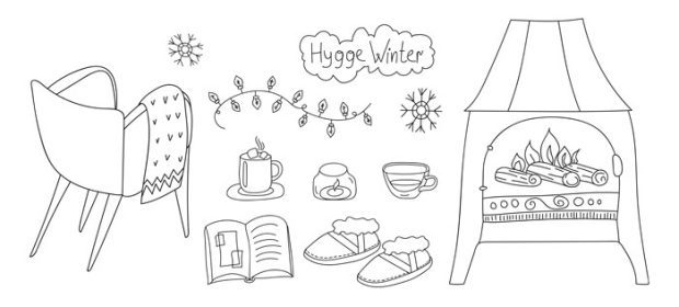 دانلود وکتور ابله مجموعه خانه hygge زمستان خطی صندلی راحتی کتاب