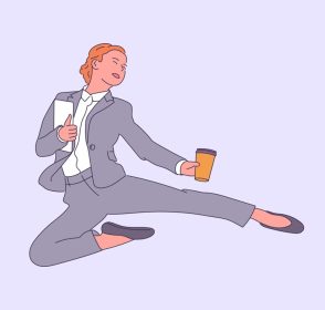 دانلود وکتور شاد و موفق زن تجاری در حال پریدن با قهوه از تصویر برداری مسطح لذت ببرید