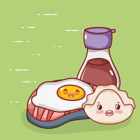 دانلود وکتور کوکی تخم مرغ سرخ شده کاوائی و غذای ساکه کارتون سوشی و رول ژاپنی