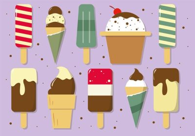 دانلود وکتور چند تصویر بستنی خوشمزه و متنوع طراحی شده برای برچسب پوستر کارت تبریک وب سند و سایر سطوح تزئینی