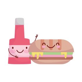 دانلود وکتور ساندویچ و بطری سس منو شخصیت کارتونی غذا تصویر وکتور زیبا