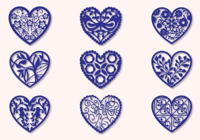 دانلود وکتور نه مجموعه متفاوت قلب توری روباز توری با الهام از طبیعت هندسی به عنوان قلب ایده آل به عنوان یک الگو یا برای برش هر ماده ای مانند چوب