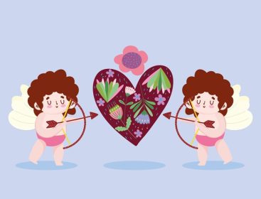 دانلود وکتور عشق کوپیدهای کوچولو تیراندازی با فلش قلب گلهای کارتونی عاشقانه وکتور