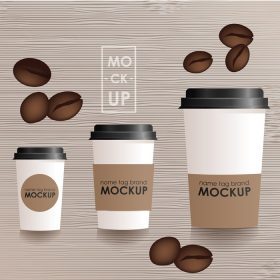 دانلود وکتور در اندازه ها و انواع مختلف ماکت فنجان قهوه مفهوم واقعی پس زمینه گرادیان