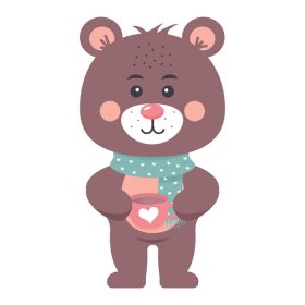 دانلود وکتور خرس عروسکی زیبا در روسری که یک لیوان با قلب در دست دارد