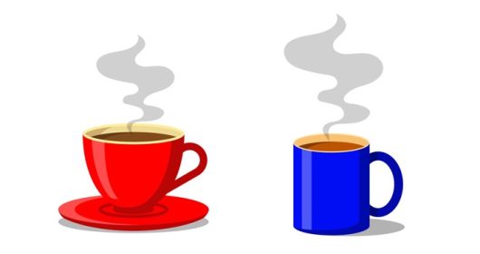 دانلود وکتور قرمز و آبی فنجان قهوه یا چای با دود شناور به بالا طرح تزئینی به سبک تخت برای پوستر کافه تریا کارت بنر