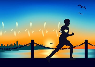 دانلود تصویر برداری از یک دونده قلب سالم در حال دویدن در غروب شهری