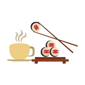 دانلود وکتور سوشی غذا و آشپزی رستوران با چاپستیک و آیکون فنجان قهوه کارتون تصویر برداری وکتور طرح گرافیکی
