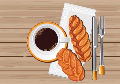 دانلود وکتور نمای بالا نان چلو تازه پخته شده با قهوه زیبا برای کارت تبریک یا پوستر