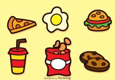 دانلود مجموعه تصویر برداری وکتور آیکون های کارتونی مختلف غذاهای چرب شامل پیتزا برگر کیک چیپس سیب زمینی و موارد دیگر