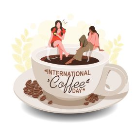 دانلود تصویر وکتور روز جهانی قهوه زنان در حال لذت بردن از قهوه داغ در حالی که روی یک فنجان قهوه نشسته اند