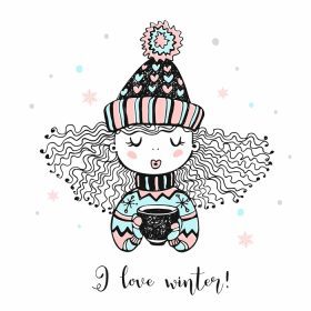 دانلود وکتور دختر ناز با کلاه بافتنی و دستکش در حال نوشیدن قهوه داغ من عاشق زمستان هستم