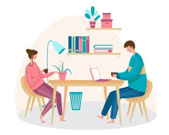 دانلود وکتور تصویر زن و شوهری که نشسته اند و قهوه می نوشند و چت می کنند و اطلاعات را روی کامپیوتر مطالعه می کنند