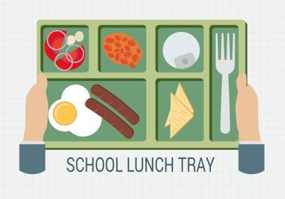 دانلود وکتور دست در دست گرفتن سینی ناهار مدرسه در پس زمینه مربع