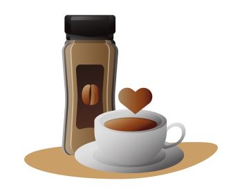 دانلود وکتور قهوه خوشمزه در فنجان سرامیکی با بطری قلب و نوشیدنی