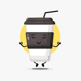 دانلود وکتور شخصیت فنجان قهوه زیبا در حال مدیتیشن در ژست یوگا