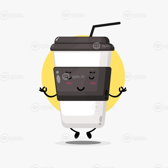 دانلود وکتور شخصیت فنجان قهوه زیبا در حال مدیتیشن در ژست یوگا
