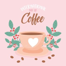دانلود وکتور روز بین المللی قهوه نوشیدنی لذیذ تازه دانه ها و برگ ها وکتور