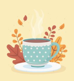 دانلود وکتور طرح زمان قهوه با تزیین برگ های پاییزی