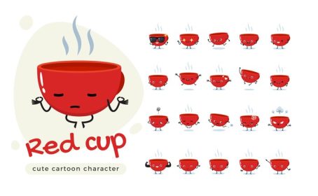 دانلود وکتور مجموعه طلسم از فنجان قرمز در حالت های مختلف مجموعه شخصیت های کارتونی زیبا جدا شده