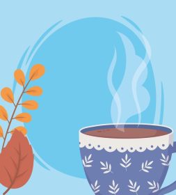دانلود وکتور ترکیب زمان قهوه با وکتور لیوان و برگ
