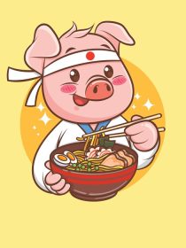 دانلود وکتور کارتون غذای ژاپنی سرآشپز خوک ناز که یک رامن در دست دارد