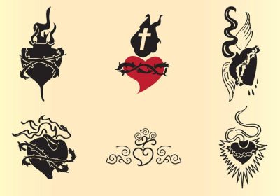 دانلود وکتور شش طرح مختلف جوهر خالکوبی و یک تا دو مرکب قلب مقدس و خط جامد برای انتخاب دلپذیرترین و انتخاب رنگ به دلخواه