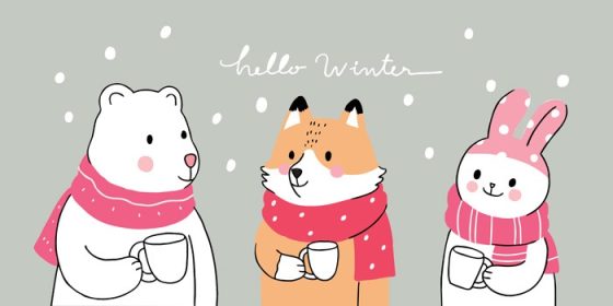 دانلود وکتور کارتون خرس قطبی ناز زمستانی و وکتور قهوه نوشیدنی روباه و خرگوش