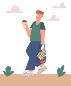 دانلود وکتور مرد جوان در حال راه رفتن با کیسه اکو پر از سبزیجات و فنجان قهوه