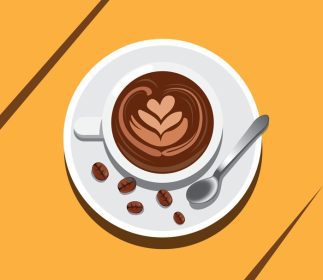 دانلود وکتور یک فنجان قهوه لاته آرت با مفهوم دانه قهوه و قاشق