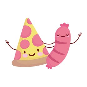 دانلود وکتور پیتزا و سوسیس منو شخصیت کارتونی غذای زیبا وکتور تصویر