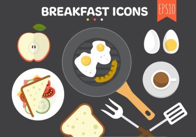 دانلود مجموعه وکتور غذای صبحانه رنگارنگ به سبک مینیمال فلت