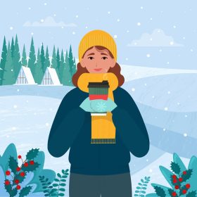 دانلود وکتور زن با لباس گرم که یک فنجان قهوه در زمستان در دست دارد