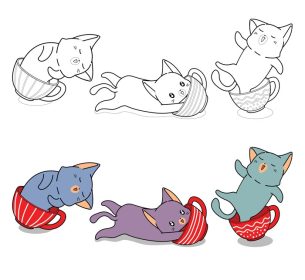 دانلود وکتور گربه ناز در فنجان قهوه کارتون صفحه رنگ آمیزی برای کودکان