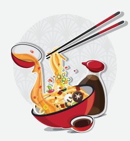 دانلود وکتور سوپ رشته فرنگی آسیایی در کاسه تصویر وکتور غذای آسیایی