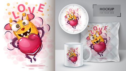 دانلود وکتور کارتونی ناز زنبور عسل که قلب را در دست دارد طرح عشق ماکت تجاری روی لیوان قهوه ساعت و بالش