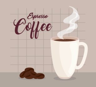 دانلود وکتور قهوه اسپرسو فنجان سرامیکی و دانه های قهوه