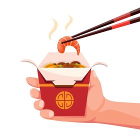 دانلود وکتور دست در دست جعبه برنج غذای چینی با میگو روی چاپستیک