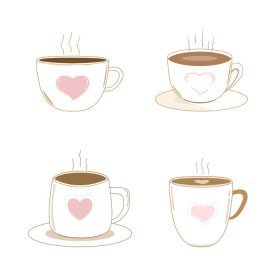 دانلود وکتور وکتور مجموعه زیبای فنجان قهوه داغ با شی قلب صورتی