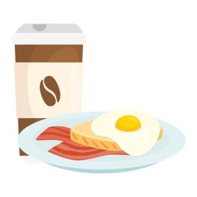 دانلود وکتور تخم مرغ سرخ شده با بیکن و قهوه یکبار مصرف روی پس زمینه سفید طرح وکتور