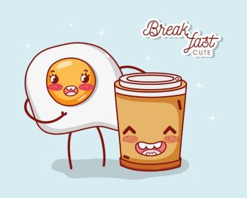 دانلود وکتور کارتون صبحانه ناز تخم مرغ سرخ شده و فنجان قهوه پلاستیکی