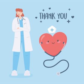 دانلود وکتور با تشکر از پزشکان و پرستاران پزشک زن با گوشی پزشکی و تصویر وکتور کارتونی قلب